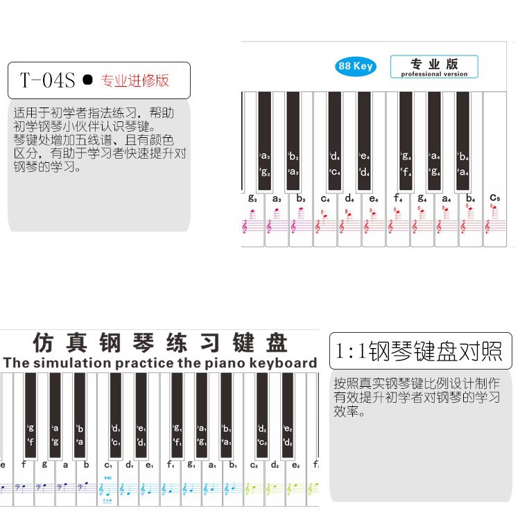 钢琴键盘贴纸88键练习贴纸简谱五线谱数字指法模拟1:1仿真挂图