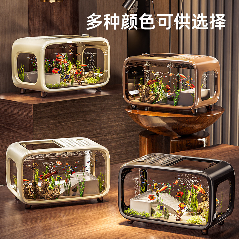 创意鱼缸家用轻奢带盖新款造景生态缸批发高透防摔桌面小型水族箱