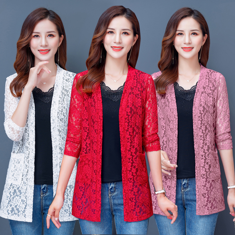 蕾丝防晒衫中长款女夏天空调衫薄款镂空网纱披肩外套开衫外搭上衣