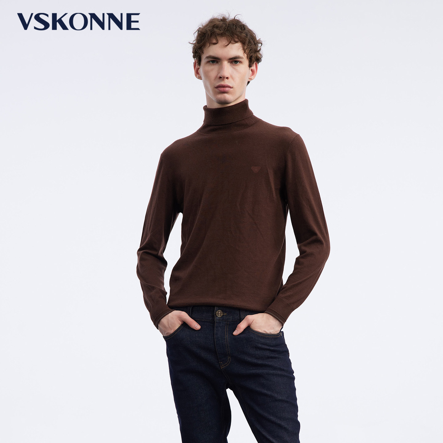 VSKONNE威斯康尼男羊毛衫新品红咖美拉德100%羊毛高龄打底羊毛衫