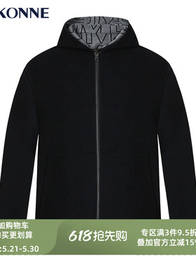 VSKONNE威斯康尼男夹克新品黑色羊毛桑蚕丝短款黑色连帽茄克外套