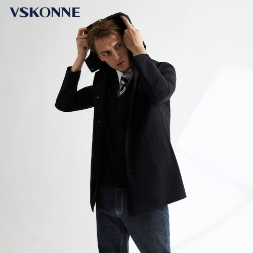VSKONNE威斯康尼男风衣春夏新品户外休闲中长款藏青轻薄风衣外套