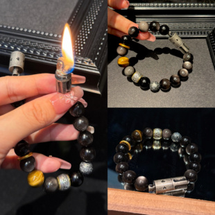 天然水晶手链原创设计打火机手串男士礼物银曜石虎眼石12mm转运