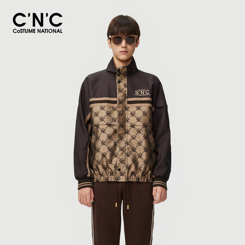 CNC男装25秋季新款定制品牌logo提花拼接印花轻奢立领夹克男