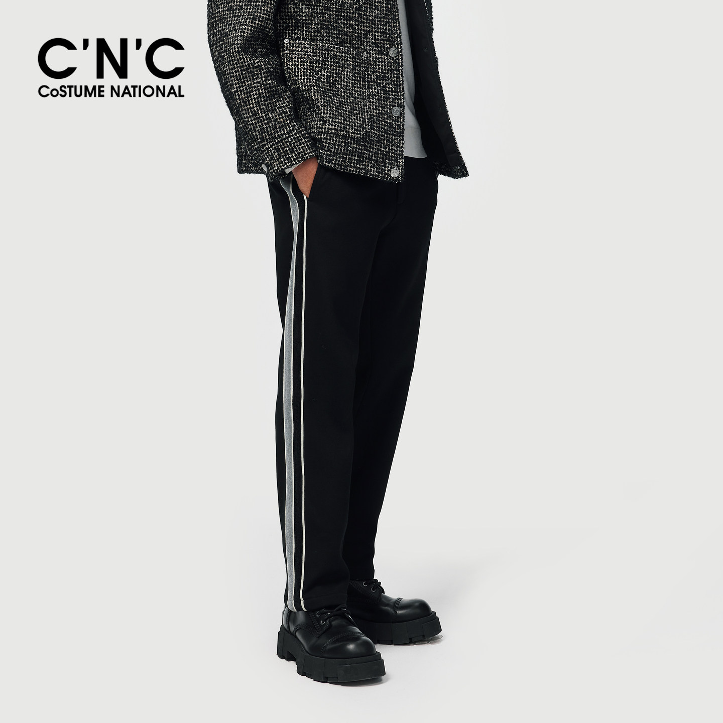 CNC男装26秋季新款男士绒感侧织带直筒黑色厚款休闲裤