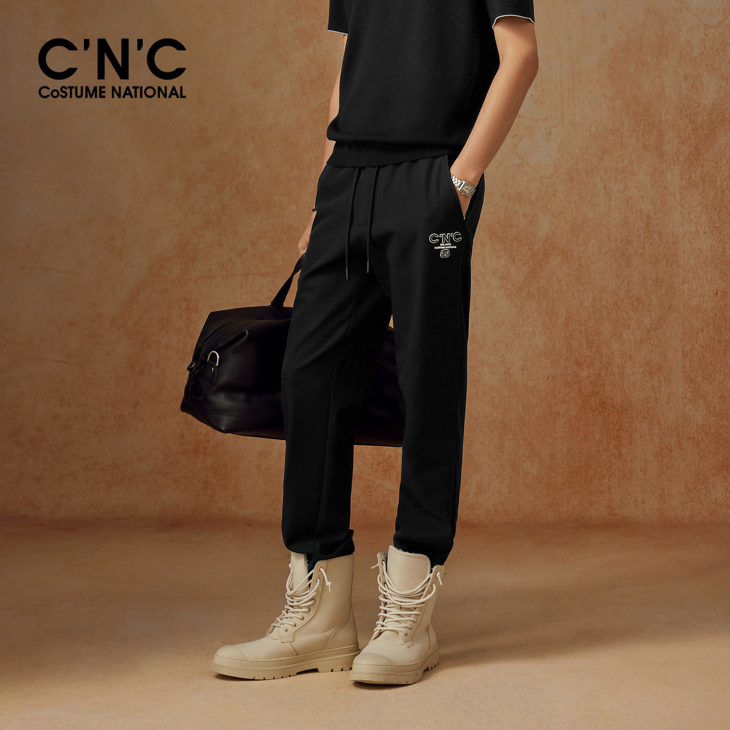CNC男装26秋冬季新款男士束脚休闲裤黑色厚款保暖抽绳休闲长裤