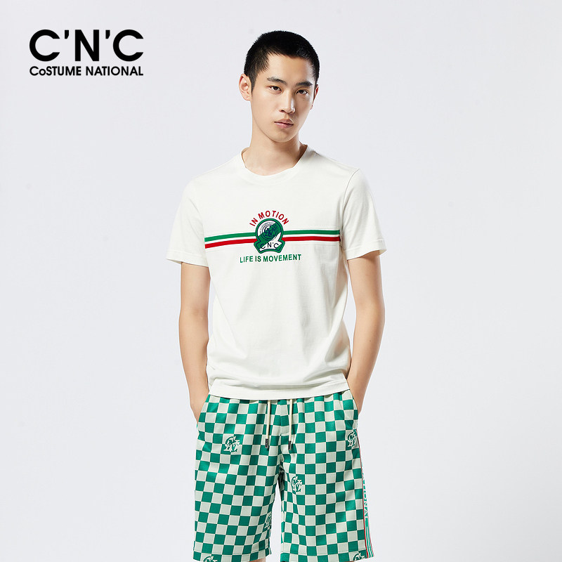 【品牌直降】CNC男装春夏新款撞色植绒字母短袖纯棉男士圆领T恤