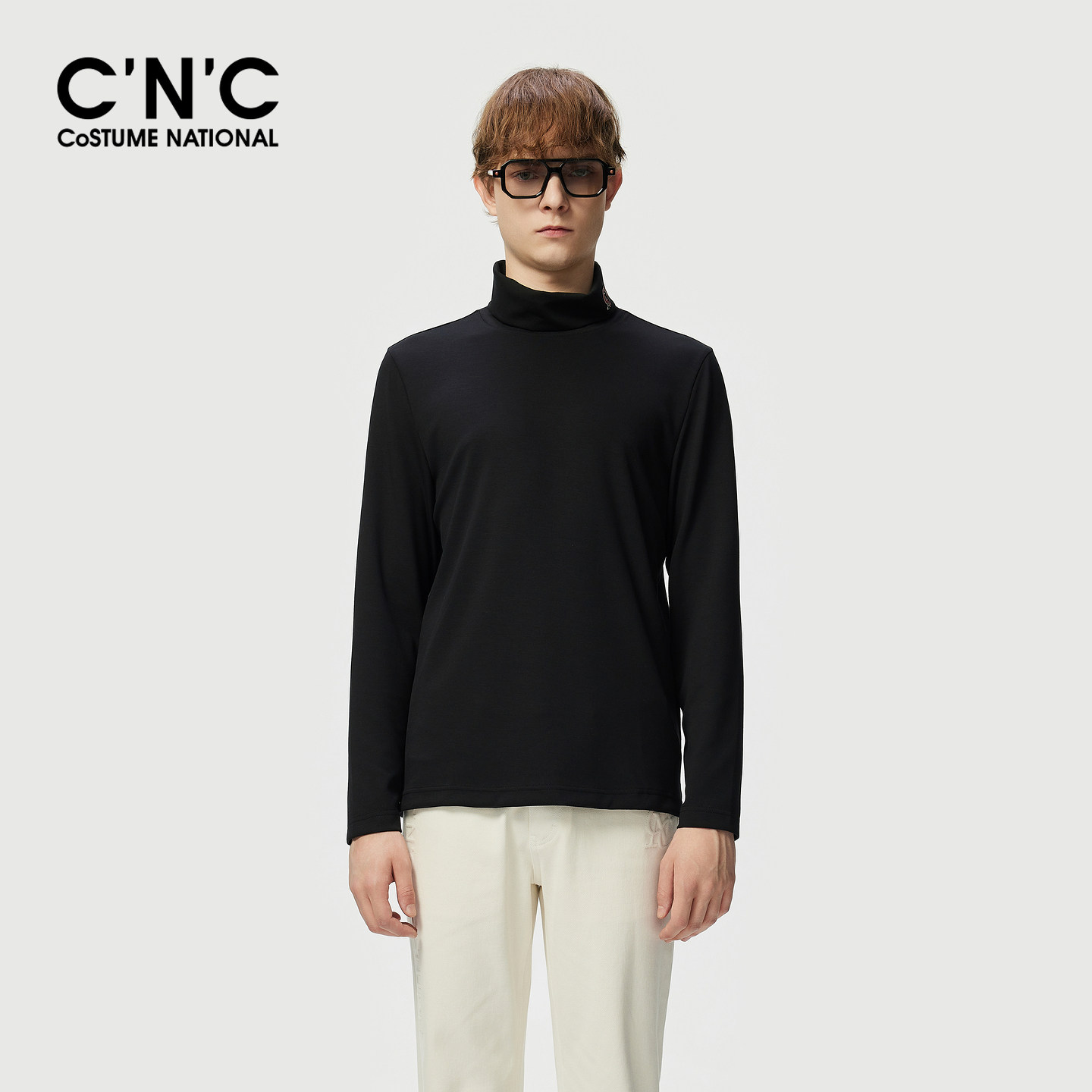 CNC男装25秋季新款高领男士长袖T恤撞色logo刺绣弹力莫代尔打底衫