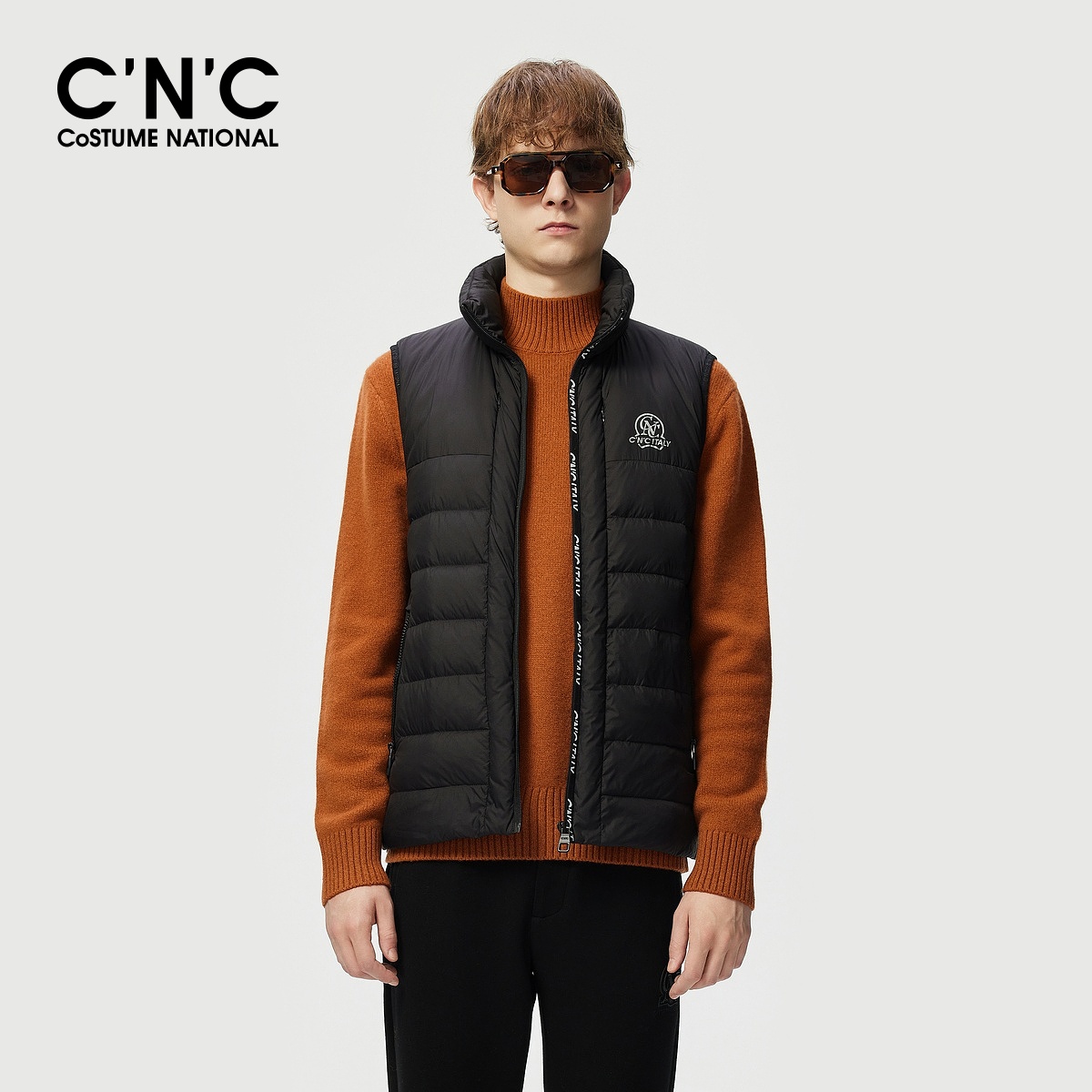 CNC男装25秋冬新款品牌LOGO印花双隐拉开袋保暖厚款羽绒背心男