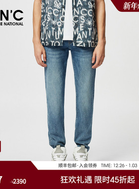 CNC男装春夏新款时尚潮流LOGO图案压花男水洗牛仔裤蓝色直筒长裤