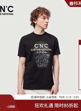 CNC男装25秋冬男羊毛厚款短袖T恤圆领玩偶系列黑色莫代尔青年短T