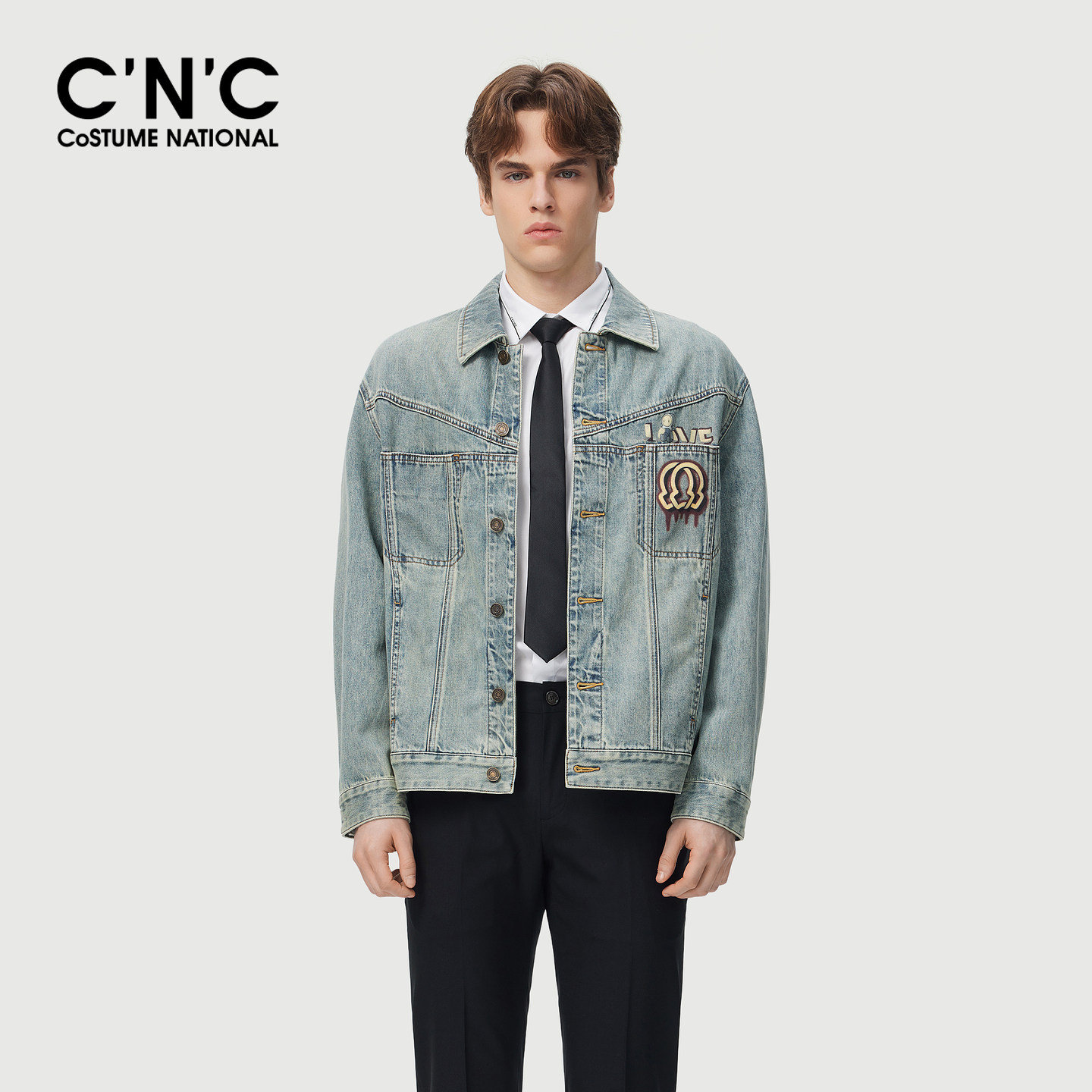 CNC男装26夏季新款纯棉牛仔夹克刺绣经典款印花牛仔外套