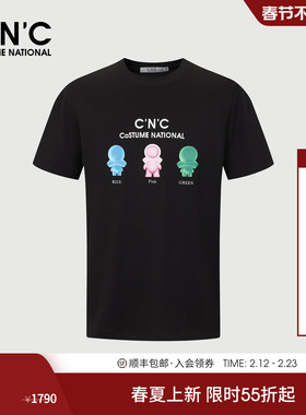 CNC男装25春夏新款卡通公仔印花男士短袖T恤圆领黑色时尚休闲短T