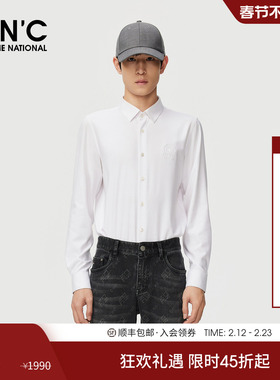 CNC男装25秋季新款商务休闲logo刺绣长袖翻领衬衫男白色内搭衬衣