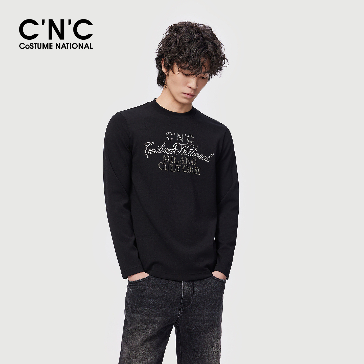 CNC男装25秋季新款烫钻字母长袖T恤柔软莫代尔微弹内搭打底衫男