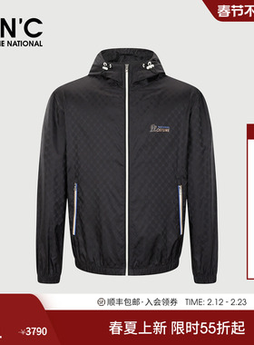 CNC男装25春夏连帽夹克男暗格满版品牌logo印花黑色轻奢薄款外套