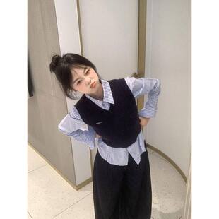 日系学院风V领短款麻花软糯针织马甲毛衣女学生格纹衬衫两件套装