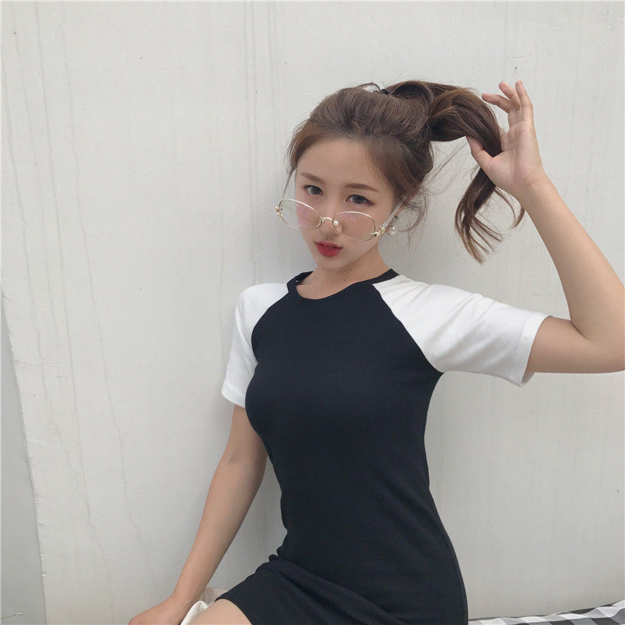 复古韩国chic风元气少女黑白拼色连衣裙修身显瘦中袖纯棉原来短裙