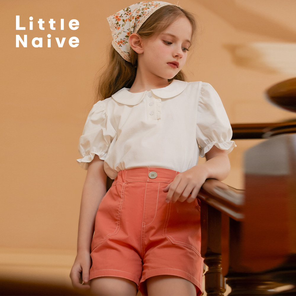 LittleNaive夏季中大童上衣木耳边泡泡袖短袖翻领纯色时髦女童t恤,童装/婴儿装/亲子装,T恤,淘宝优惠券,粉丝福利购,淘宝优惠卷