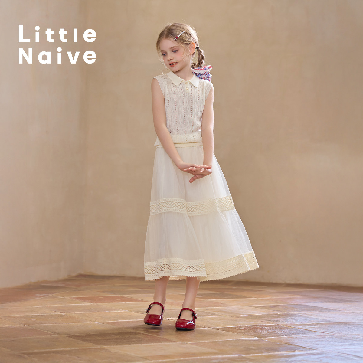 Little Naive女童拼接半身裙春夏新款花边半裙儿童百搭时髦纱裙