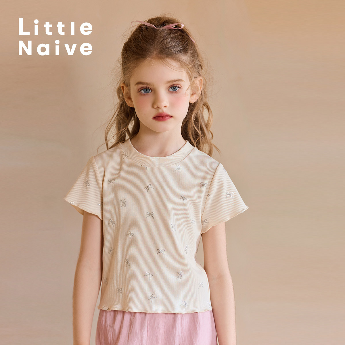 Little Naive女童T恤夏季新款甜美芭蕾风闪闪上衣儿童木耳边短袖