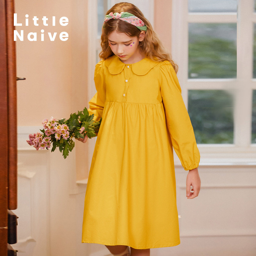 秋季新款纯色女童长袖连衣裙