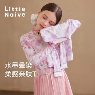 Little 春秋新款 暈染印花修身 上衣兒童彈力T恤 Naive女童打底衫