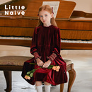 红色复古礼服裙生日连衣裙 丝绒连衣裙法式 Little Naive女童秋冬款