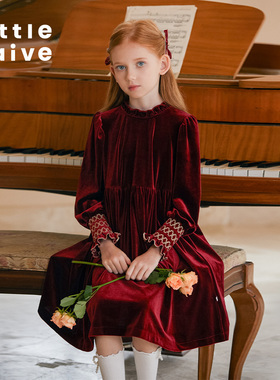 Little Naive女童秋冬款丝绒连衣裙法式红色复古礼服裙生日连衣裙