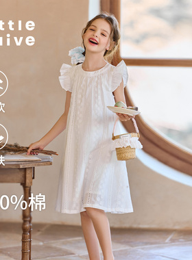 Little Naive儿童连衣裙夏季新款纯棉白色裙子女童飞袖圆领背心裙