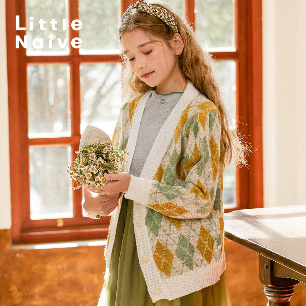 LittleNaive女童开衫毛衣春秋格纹甜美毛衣v领宽松针织开衫外套,童装/婴儿装/亲子装,毛衣/针织衫,淘宝优惠券,粉丝福利购,淘宝优惠卷