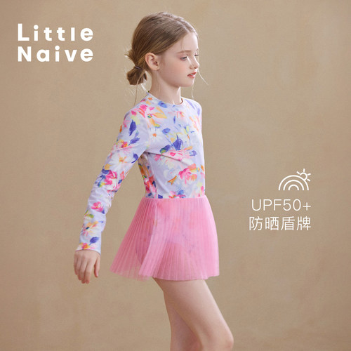 Little Naive儿童百褶泳衣夏季碎花长袖连体泳装女童防晒游泳衣