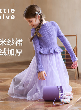 Little Naive女童花边连衣裙冬季针织纱裙儿童红色加绒裙子
