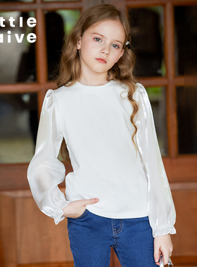 LittleNaive冬季儿童加绒打底衫法式长袖t恤女童白色流光缎上衣