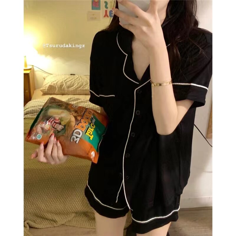 女纯棉睡衣女夏季黑色家居服