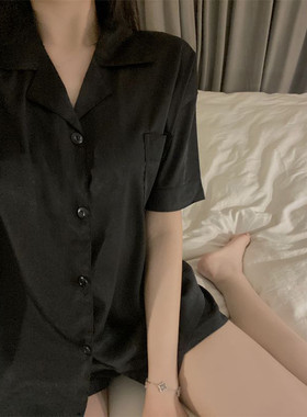 黑色ins风短袖睡衣女夏季冰丝薄款宽松休闲高级感夏天家居服套装