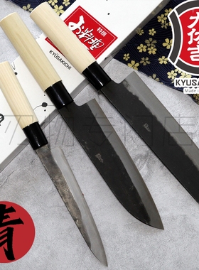 日本进口九佐吉黑打青二小刀三德菜切青纸钢二号夹钢菜刀厨刀手工