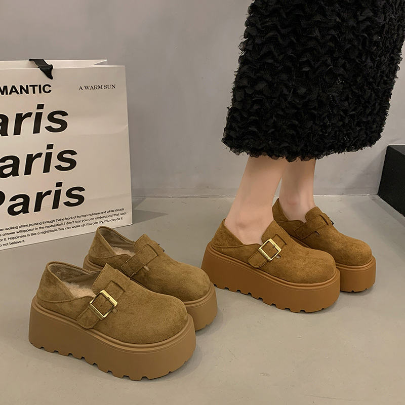 厚底加绒勃肯鞋女2025秋冬新款复古一脚蹬乐福鞋增高两穿博肯棉鞋