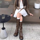 2026新款 厚底西部牛仔骑士靴女冬不过膝复古美拉德风长筒靴马丁靴