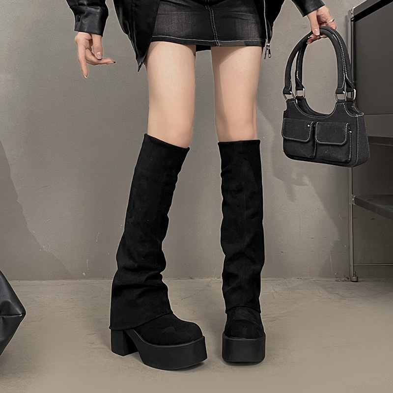 弹力瘦瘦靴女2025秋冬新款黑色巨好看长筒靴方头粗跟堆堆裤管靴子