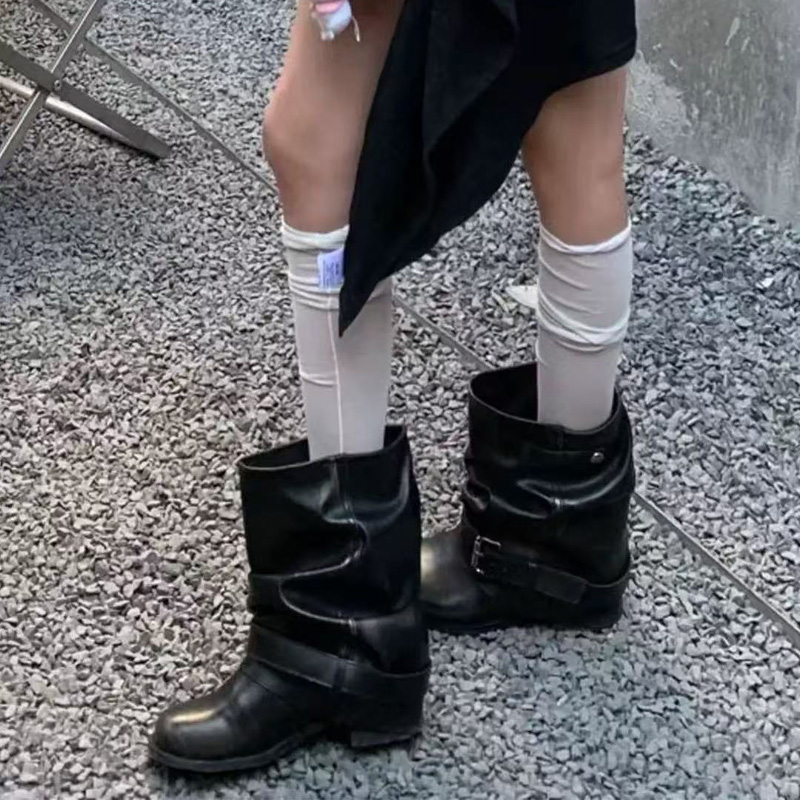 巨好看短靴女夏季黑色复古堆堆靴子2025新款裤管靴法式西部牛仔靴