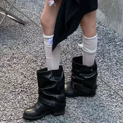 巨好看短靴女夏季黑色复古堆堆靴子2025新款裤管靴法式西部牛仔靴