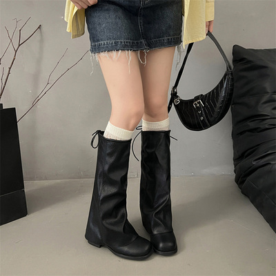 方头粗跟长筒靴子女显瘦大筒围褶皱堆堆裤管长靴不过膝高筒骑士靴