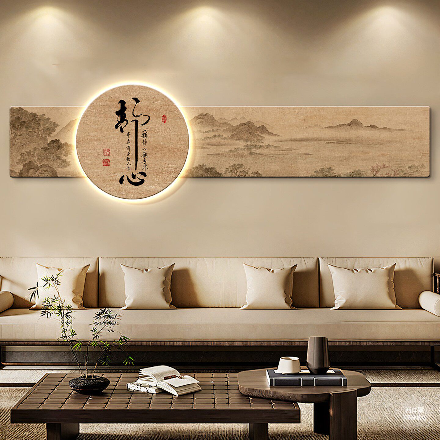 静心宋代美学客厅装饰画沙发背景墙后挂画新中式茶室会所发光灯画