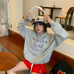 NVPVVA美式 复古蓝格纹贴布绣连帽卫衣女秋冬宽松休闲韩系百搭上衣