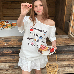 T恤女宽松显瘦设计感上衣女 复古涂鸦字母印花短袖 NVPVVA夏季 美式