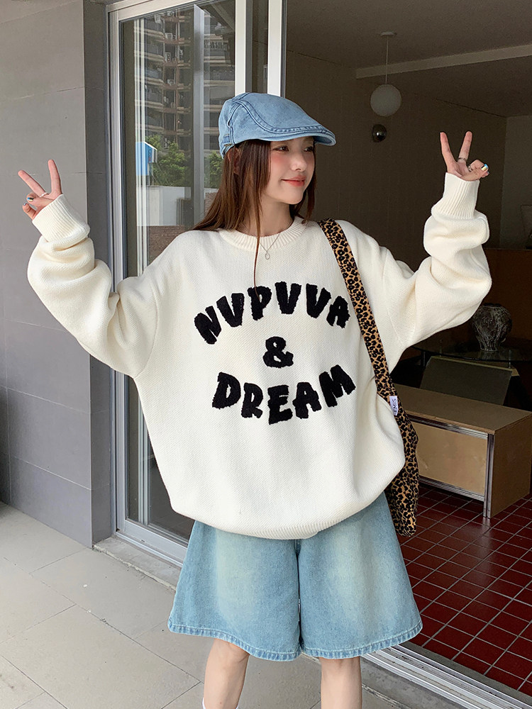 NVPVVA 美式复古毛巾绣LOGO毛衣国潮校园风基础款圆领套头上衣女