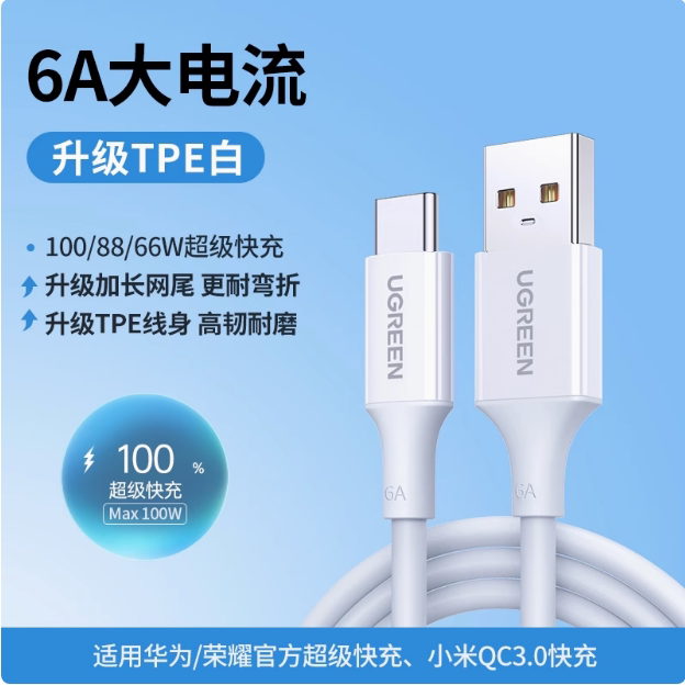 绿联type-c数据线5a超级快充6a安卓加长2米tpc30p40p20nova8手机tpyec充电线器66w快充us253