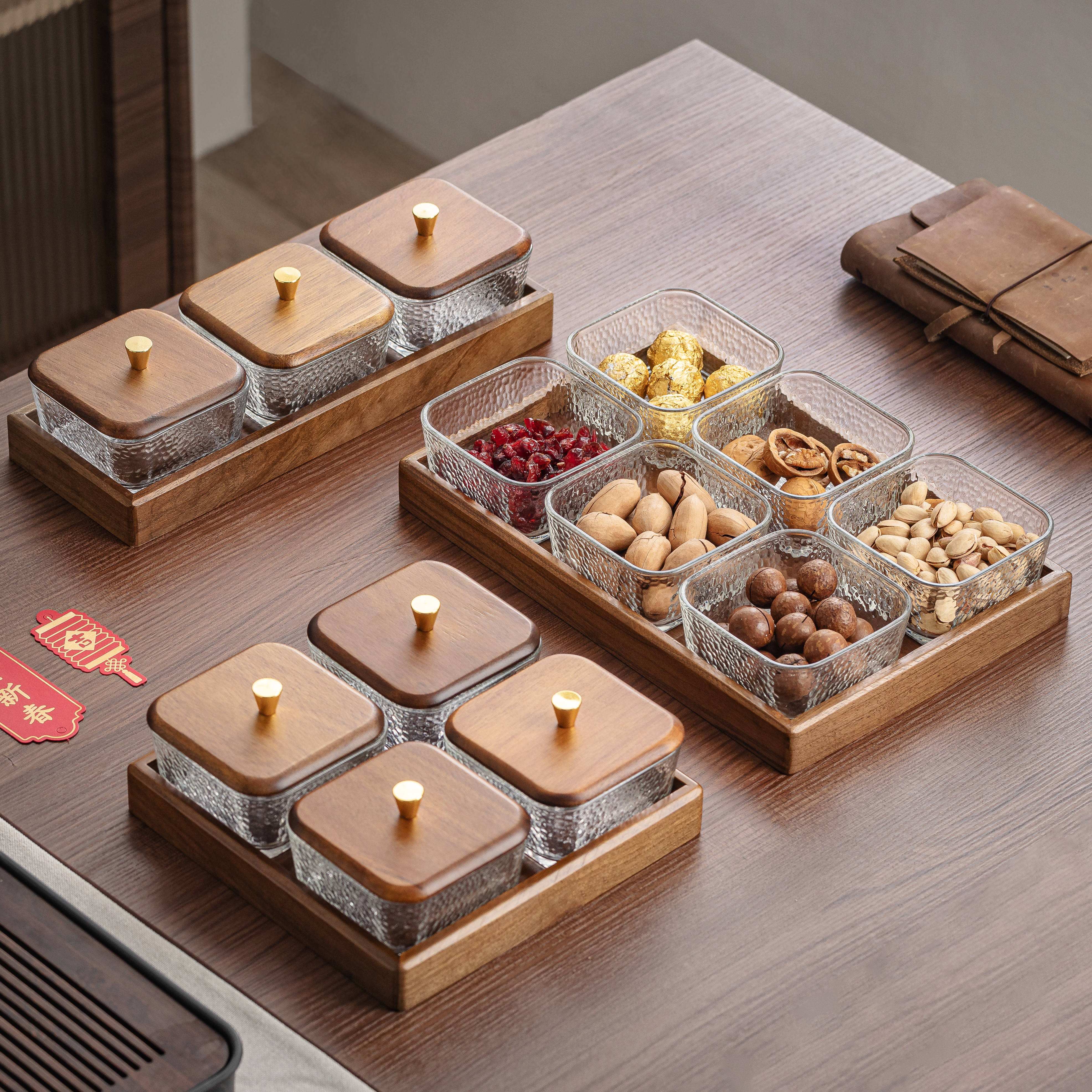 玻璃胡桃木果盘托盘轻奢坚果干果盘家用客厅茶几分格茶点零食盒