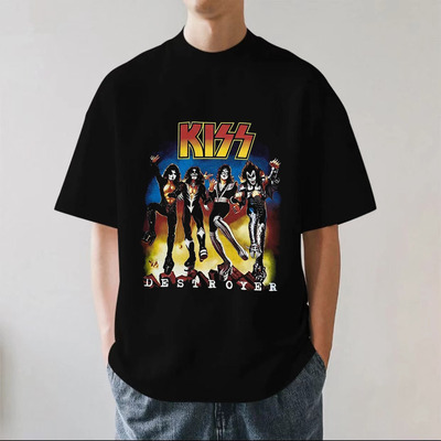 KISS乐队美式复古摇滚hophip嘻哈vtg高街重磅280g纯棉短袖T恤宽松